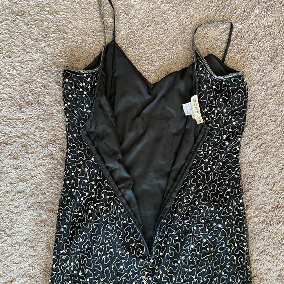 VINTAGE SCALA Black 100% Silk Beaded Sequin Maxi Gown Size Large - Picture 10 of 12